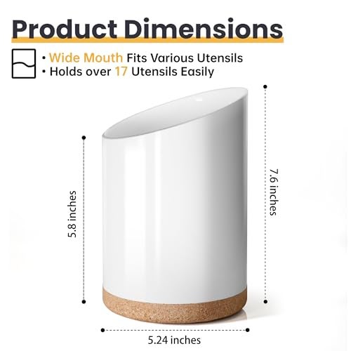 KITEISCAT Large Ceramic Utensil Holder for Kitchen Counter, Modern Crock with Slanted Top & Cork Mat, for Spatulas & Cooking Spoons, White - Image 4