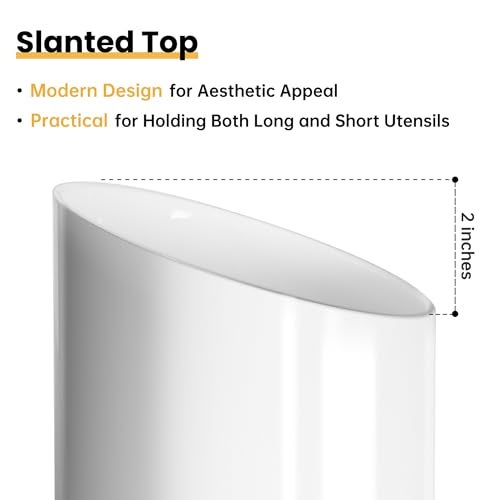 KITEISCAT Large Ceramic Utensil Holder for Kitchen Counter, Modern Crock with Slanted Top & Cork Mat, for Spatulas & Cooking Spoons, White - Image 3