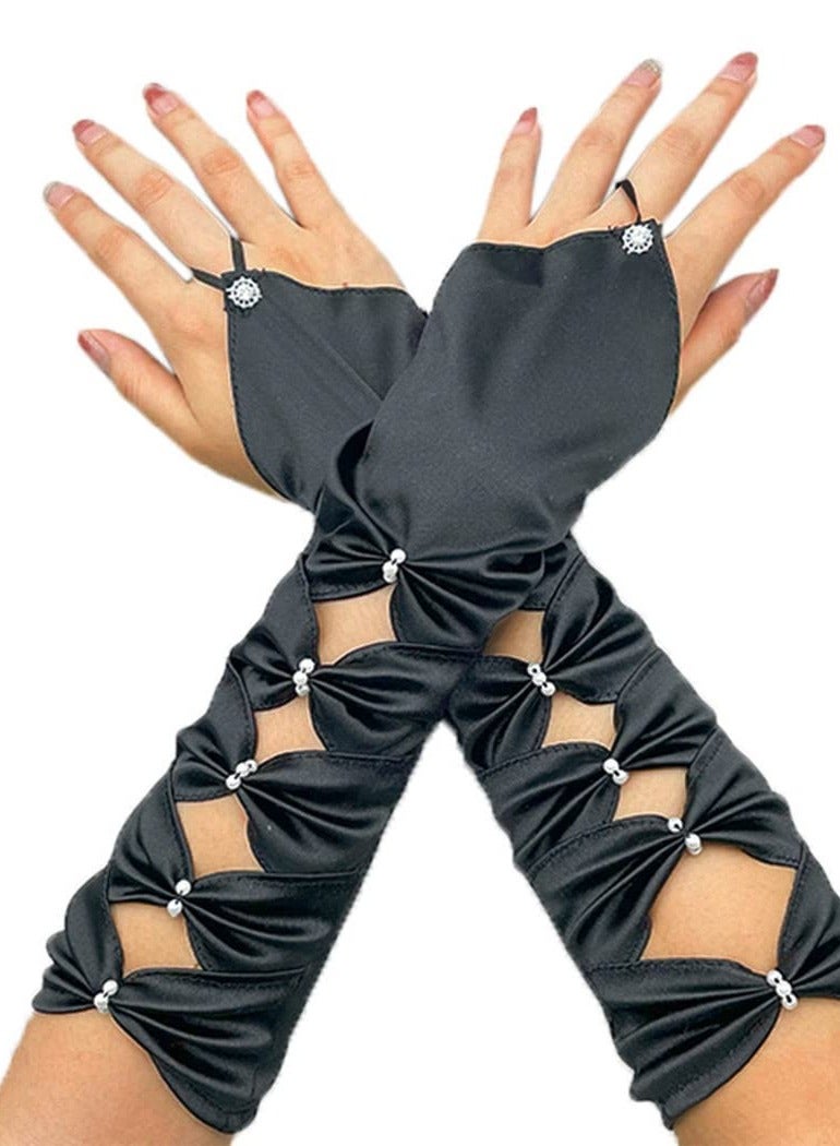 SYOSI Satin Gloves Long Fingerless Gloves, Women's Long Satin Finger Gloves, Elastic Nightclub Party Gloves, Fingerless Lace Up Gloves, for Women and Girls for Dress Up Party - Image 1