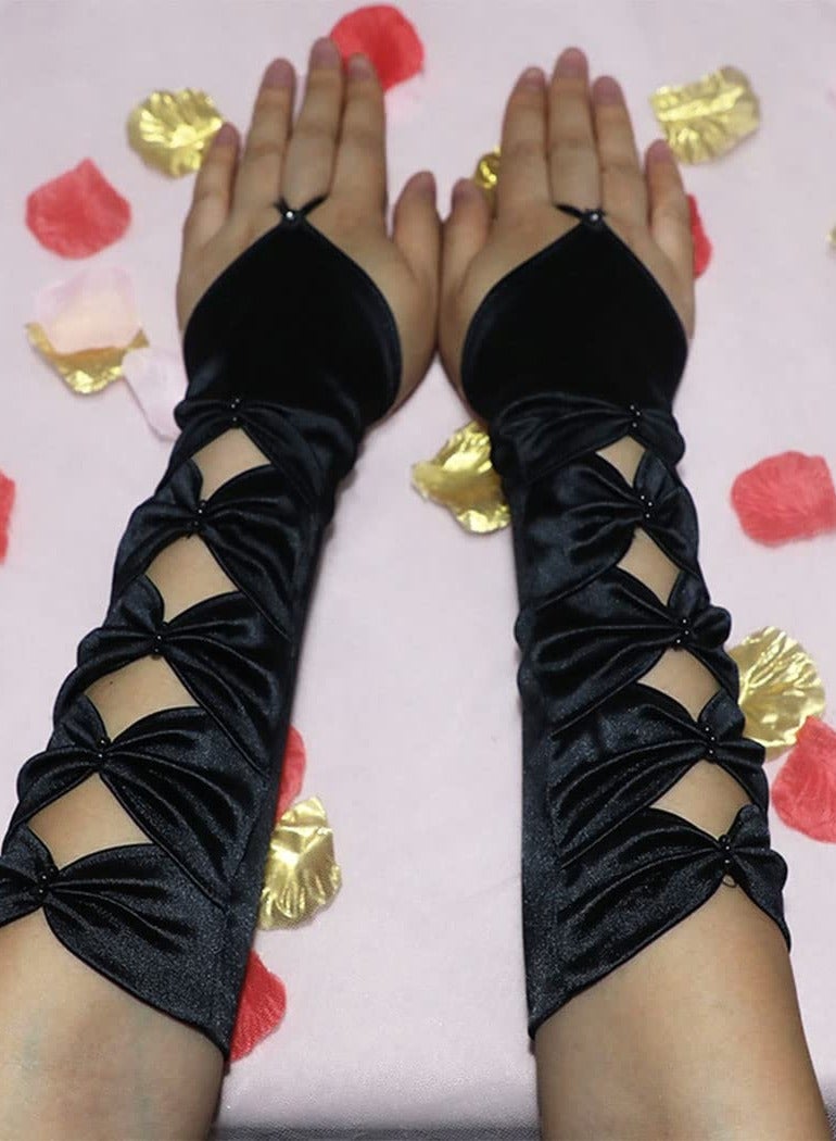 SYOSI Satin Gloves Long Fingerless Gloves, Women's Long Satin Finger Gloves, Elastic Nightclub Party Gloves, Fingerless Lace Up Gloves, for Women and Girls for Dress Up Party - Image 3