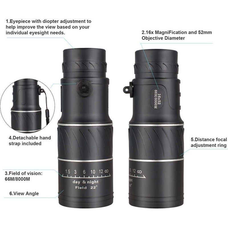 16x52 Monocular Telescope Compact Waterproof Telescope with FMC Lens BAK4 Prism Carrying Bag Lanyard for Concert Ball Games Bird Watching Hiking - Image 4