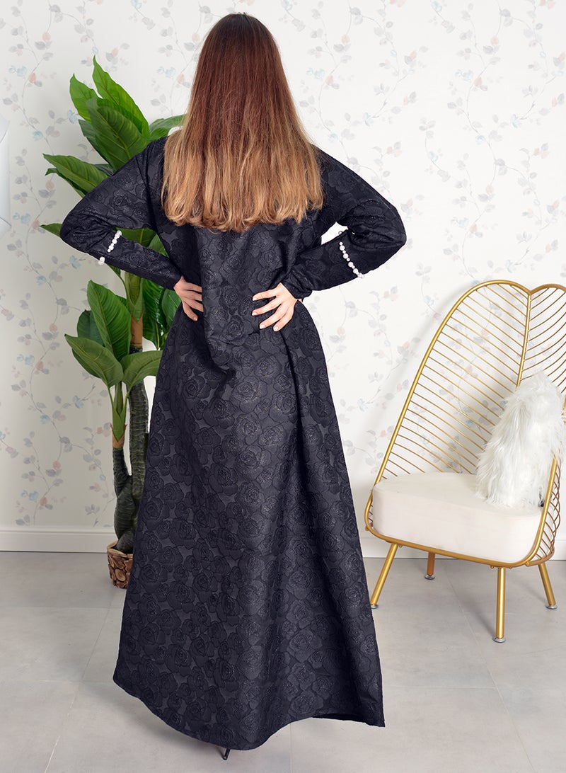 بوسني عباية جاكار مزينة باللؤلؤ على شكل جيب وجزء داخلي - Image 4