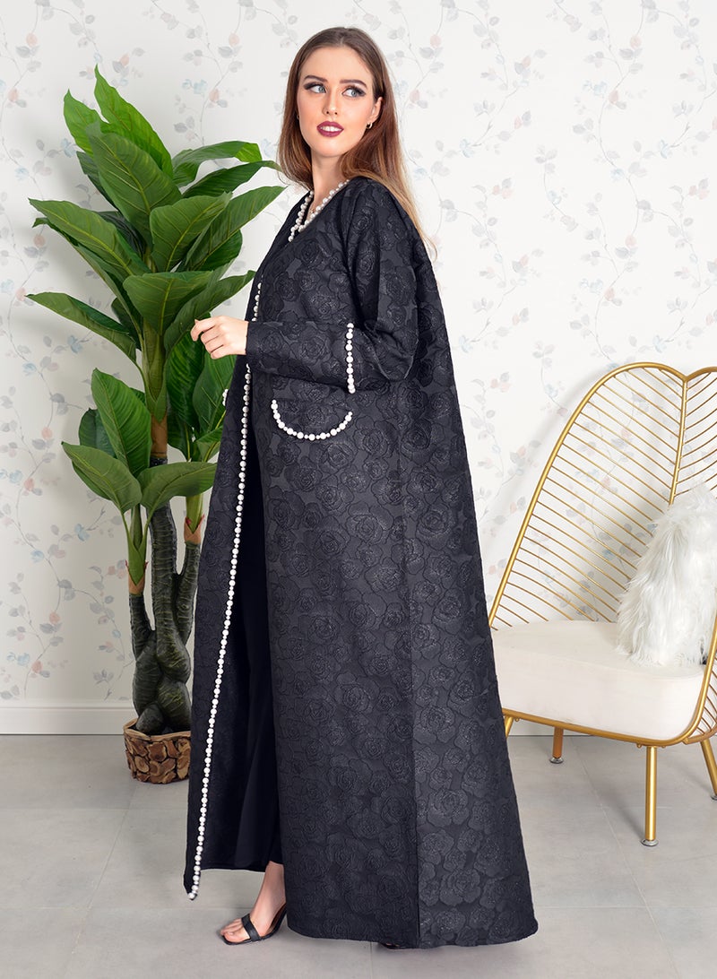 بوسني عباية جاكار مزينة باللؤلؤ على شكل جيب وجزء داخلي - Image 2