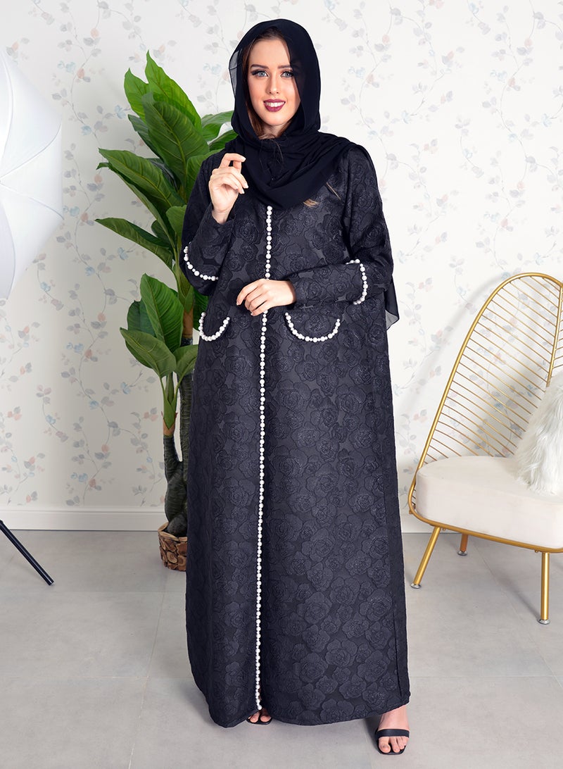 بوسني عباية جاكار مزينة باللؤلؤ على شكل جيب وجزء داخلي - Image 3