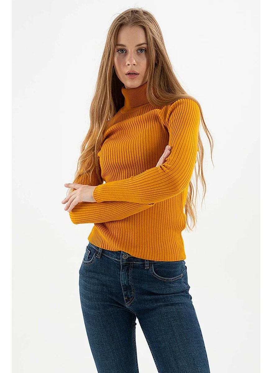 Fashion Friends Women's Ribbed Turtleneck Sweater 23K0288K1 Mustard