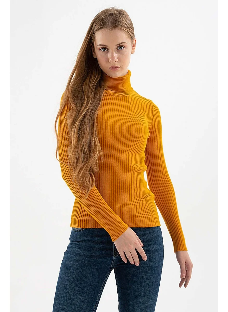 Fashion Friends Women's Ribbed Turtleneck Sweater 23K0288K1 Mustard