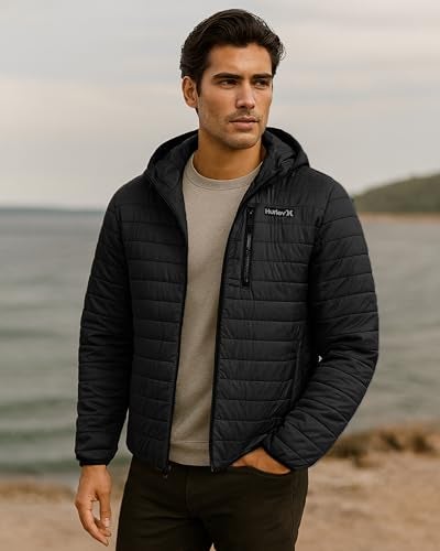 Hurley Mens Puffer Jacket - Lightweight Packable Insulated Winter Coat for Men - Weather Resistant Quilted Outdoor Jacket, Size Medium, True Black - Image 3