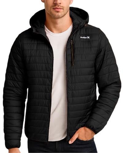 Hurley Mens Puffer Jacket - Lightweight Packable Insulated Winter Coat for Men - Weather Resistant Quilted Outdoor Jacket, Size Medium, True Black - Image 2