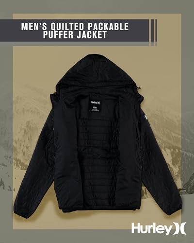 Hurley Mens Puffer Jacket - Lightweight Packable Insulated Winter Coat for Men - Weather Resistant Quilted Outdoor Jacket, Size Medium, True Black - Image 4