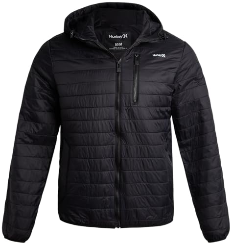 Hurley Mens Puffer Jacket - Lightweight Packable Insulated Winter Coat for Men - Weather Resistant Quilted Outdoor Jacket, Size Medium, True Black - Image 1