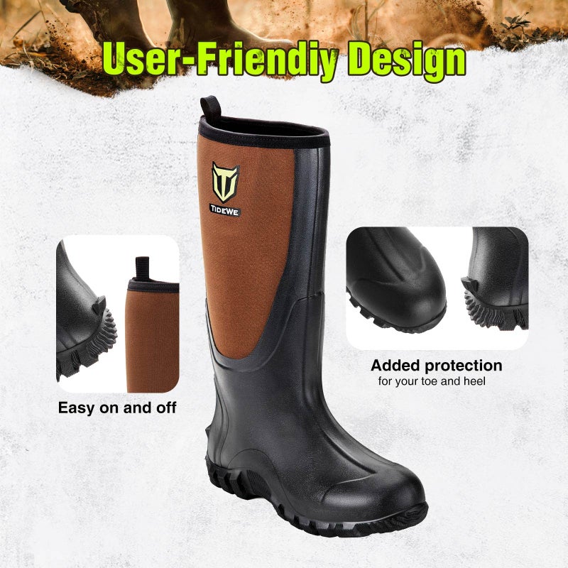 TIDEWE Rubber Boots for Men Multi-Season, Waterproof Rain Boots with Steel Shank, 6mm Neoprene Sturdy Rubber Outdoor Hunting Boots Size 8 (Brown) - Image 5