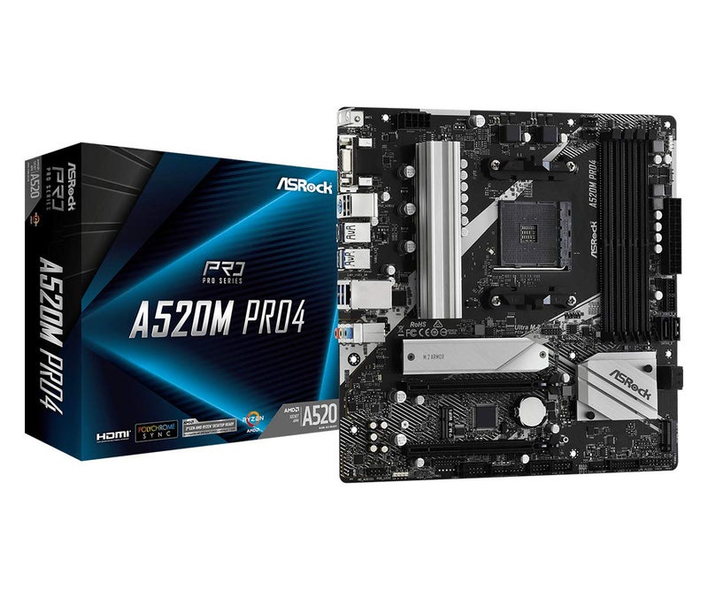 ASRock لوحة أم ASRock A520M Pro4 متوافقة مع معالجات AMD Ryzen 3000/4000 (مقبس AM4) مع شريحة A520، Micro ATX [منتج معتمد محلياً] - Image 1