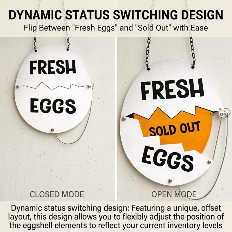 Farm Fresh Eggs Sign 30*22*1.3Cm Dual-Message Sliding Panel Design Cracked Shell Design - Premium Wood Outdoor Durability Rustic Farmhouse Decor for Farm Stands, Chicken Coops And Farmer's Markets - Image 4
