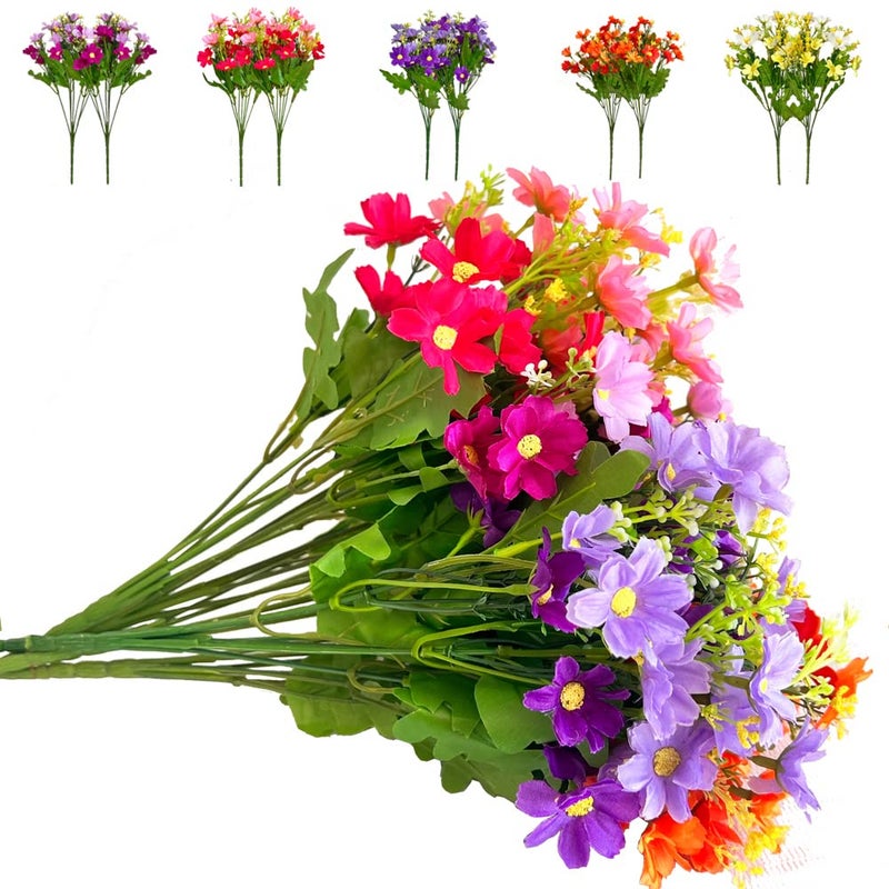 Amajoy 10 Bundles Silk Daisy UV Resistant Artificial Flower Faux Wildflowers Greenery Shrubs Plants Plastic Bushes Indoor Farmhouse Outdoor Garden Planter Decoration Colorful