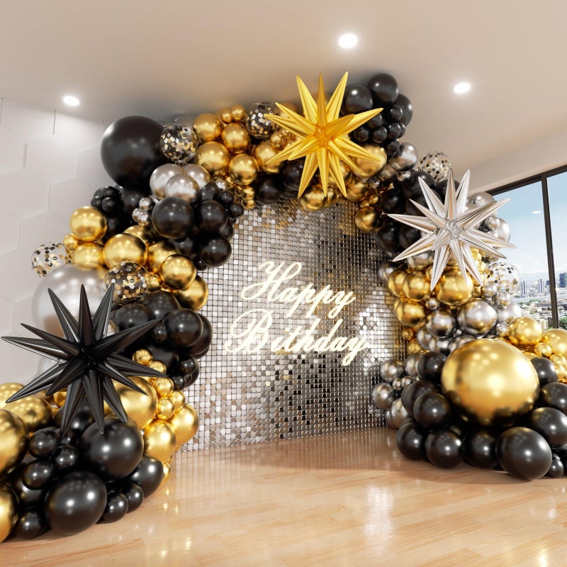 ADOINBY Black Gold and Silver Balloon Arch Kit 142Pcs Metallic Chrome Balloons and Stars Balloon Garland kit Different Size Balloons Kit for New Year Men Birthday 2026 Graduation Party Decorations - Image 3