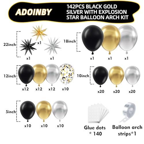 ADOINBY Black Gold and Silver Balloon Arch Kit 142Pcs Metallic Chrome Balloons and Stars Balloon Garland kit Different Size Balloons Kit for New Year Men Birthday 2026 Graduation Party Decorations - Image 5