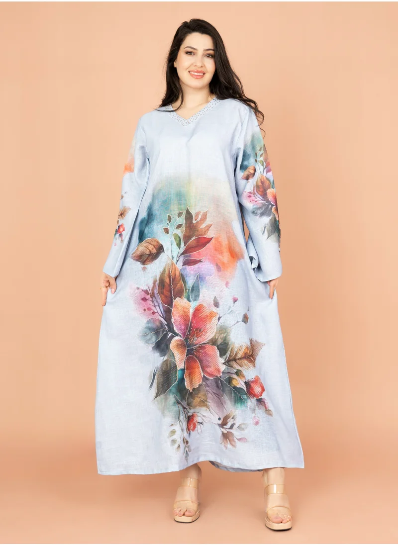 IKKXA Graceful Floral Highlight Jalabiya IN1848 Blue