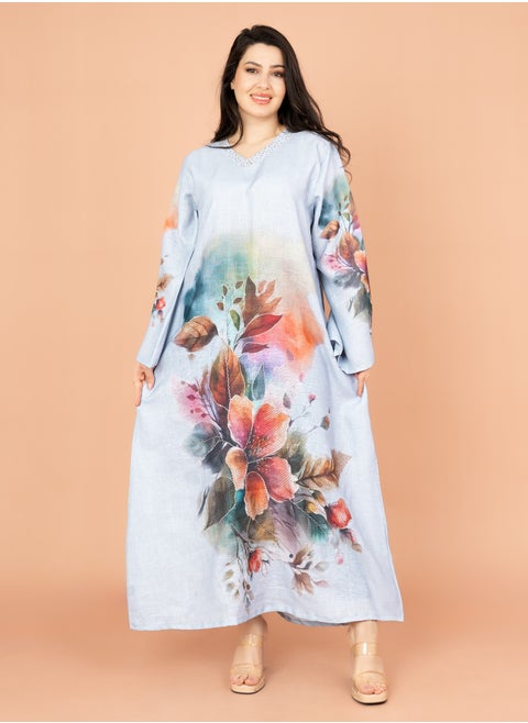 Graceful Floral Highlight Jalabiya IN1848 Blue