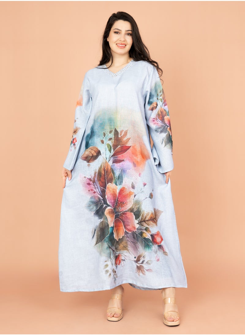 IKKXA Graceful Floral Highlight Jalabiya IN1848 Blue  - Image 1