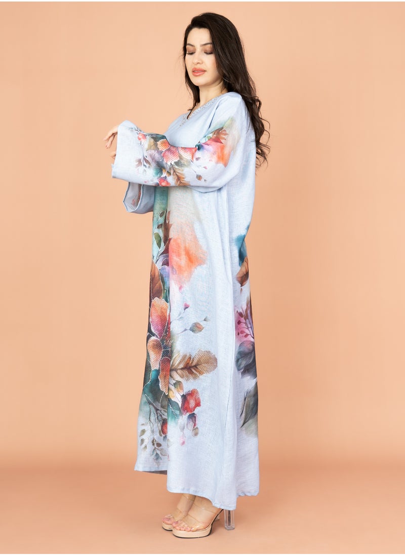 IKKXA Graceful Floral Highlight Jalabiya IN1848 Blue  - Image 3