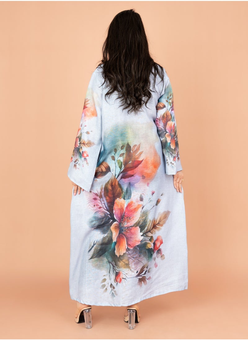 IKKXA Graceful Floral Highlight Jalabiya IN1848 Blue  - Image 4