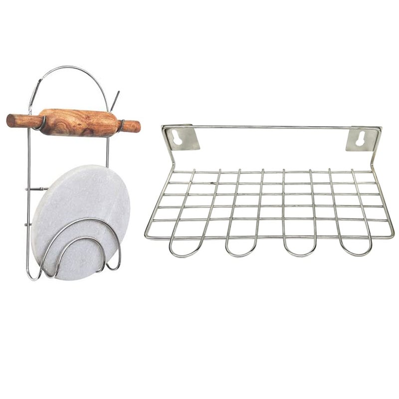 JISUN Stainless Steel Wall Mounted Chakla Belan StandRolling Pin Wall Mounted Ladle Stand for Kitchen Silver Pack of 2  - Image 1