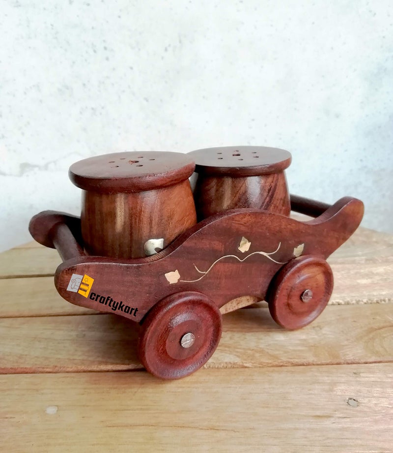CRAFTYKART Wooden Salt and Pepper Container,Dining Table Salt and Pepper Set with Stand Trolley Shaped (Brass), Salt and Pepper Container - Image 2
