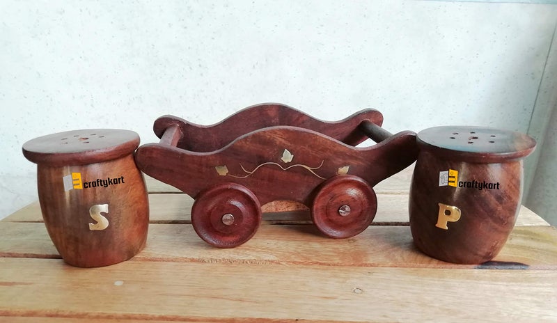 CRAFTYKART Wooden Salt and Pepper Container,Dining Table Salt and Pepper Set with Stand Trolley Shaped (Brass), Salt and Pepper Container - Image 3
