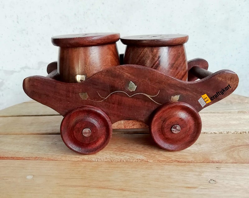 CRAFTYKART Wooden Salt and Pepper Container,Dining Table Salt and Pepper Set with Stand Trolley Shaped (Brass), Salt and Pepper Container - Image 1