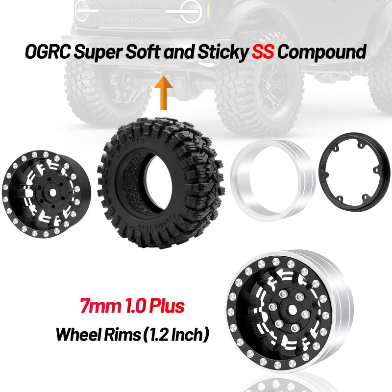 OGUNKE OGRC 1.0 Plus (1.2 Inches) Beadlock Wheel and Tires Set 7mm Negative Offset Wheel Rims SS Super Soft Sticky Tires for TRX4M SCX24 FCX24 AX24 1/24 1/18 RC Crawler Car - 62 * 24mm (Black) - Image 4