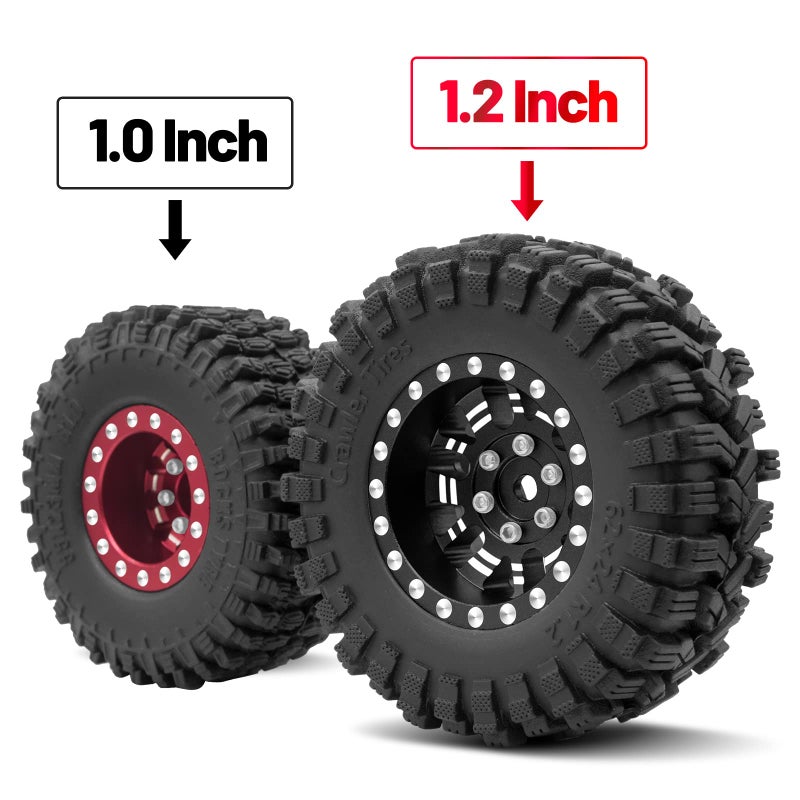 OGUNKE OGRC 1.0 Plus (1.2 Inches) Beadlock Wheel and Tires Set 7mm Negative Offset Wheel Rims SS Super Soft Sticky Tires for TRX4M SCX24 FCX24 AX24 1/24 1/18 RC Crawler Car - 62 * 24mm (Black) - Image 3
