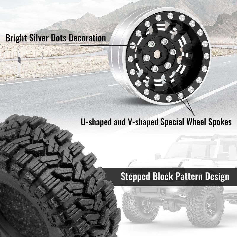 OGUNKE OGRC 1.0 Plus (1.2 Inches) Beadlock Wheel and Tires Set 7mm Negative Offset Wheel Rims SS Super Soft Sticky Tires for TRX4M SCX24 FCX24 AX24 1/24 1/18 RC Crawler Car - 62 * 24mm (Black) - Image 5