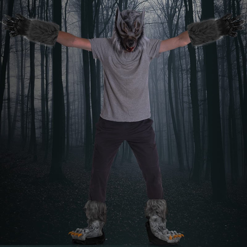 Skeleteen Werewolf Hand Costume Gloves - Grey Hairy Wolf Claw Hands Paws Monster Costume Accessories for Kids and Adults - Image 3