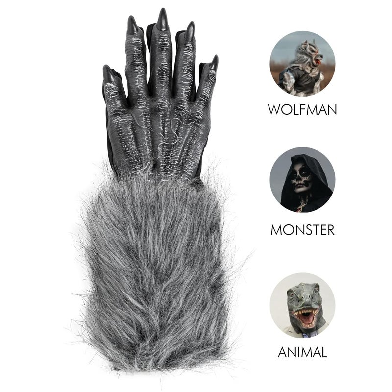 Skeleteen Werewolf Hand Costume Gloves - Grey Hairy Wolf Claw Hands Paws Monster Costume Accessories for Kids and Adults - Image 4