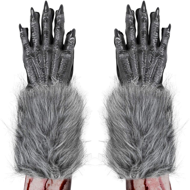 Skeleteen Werewolf Hand Costume Gloves - Grey Hairy Wolf Claw Hands Paws Monster Costume Accessories for Kids and Adults - Image 1