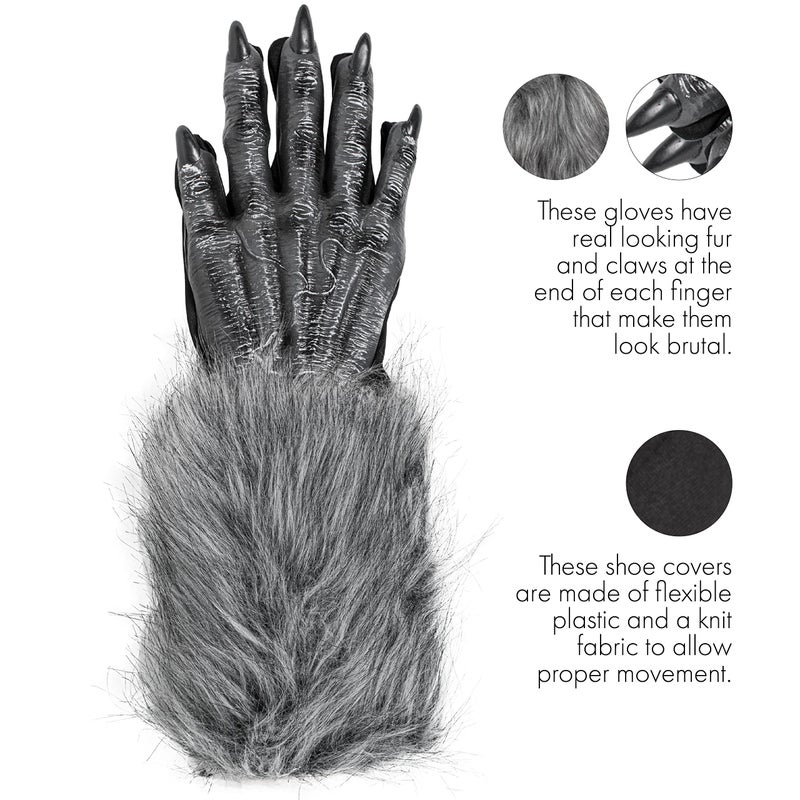 Skeleteen Werewolf Hand Costume Gloves - Grey Hairy Wolf Claw Hands Paws Monster Costume Accessories for Kids and Adults - Image 2
