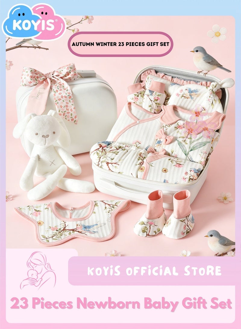كويس مجموعة هدايا مواليد مكونة من 23 قطعة - حقيبة سفر - مجموعة هدايا للمواليد الجدد، ملابس أطفال، بدلات، إكسسوارات، قبعة، مرايل، وسادة، بطانية، لعبة، قطن 100%، مناسبة لفصلي الخريف والشتاء، من عمر 0 ​​إلى 3 أشهر - تصميم طبيعي - Image 1