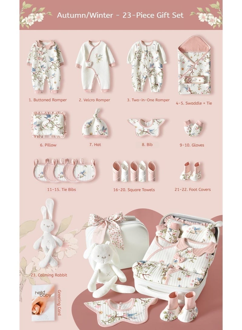 كويس مجموعة هدايا مواليد مكونة من 23 قطعة - حقيبة سفر - مجموعة هدايا للمواليد الجدد، ملابس أطفال، بدلات، إكسسوارات، قبعة، مرايل، وسادة، بطانية، لعبة، قطن 100%، مناسبة لفصلي الخريف والشتاء، من عمر 0 ​​إلى 3 أشهر - تصميم طبيعي - Image 3