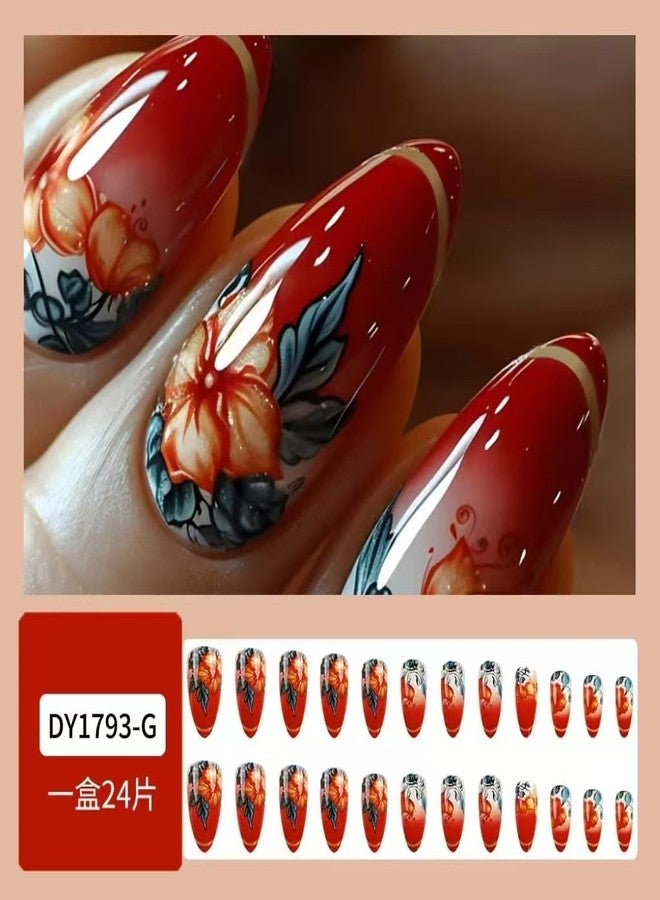 UCCASA Fall Red Press on Nails Almond Medium Fake Nails with Retro Flower Design False Nails Full Cover Stick on Nail Acrylic Glossy Autumn Artificial Nail for Women Thanksgiving Day Glue on Nails 24 Pcs - Image 2
