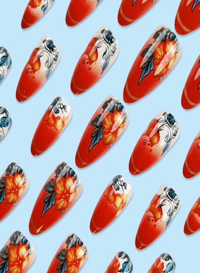UCCASA Fall Red Press on Nails Almond Medium Fake Nails with Retro Flower Design False Nails Full Cover Stick on Nail Acrylic Glossy Autumn Artificial Nail for Women Thanksgiving Day Glue on Nails 24 Pcs - Image 3
