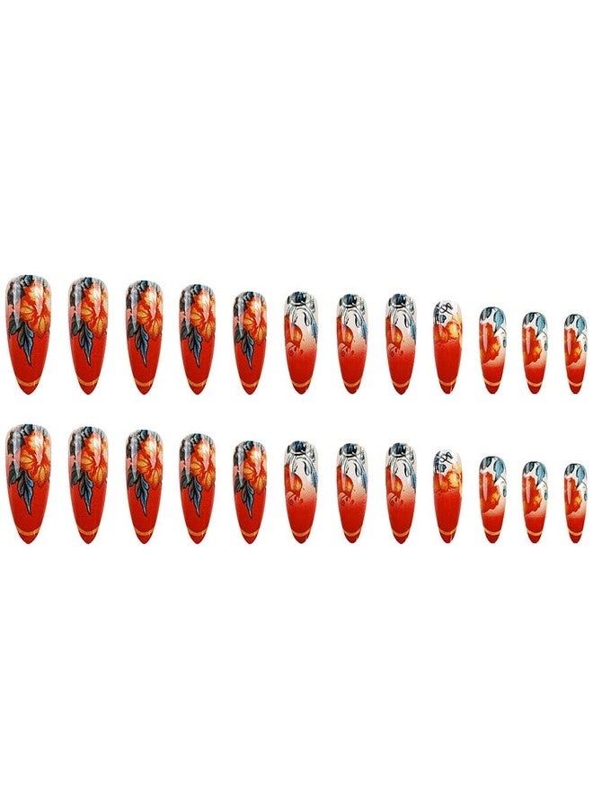 UCCASA Fall Red Press on Nails Almond Medium Fake Nails with Retro Flower Design False Nails Full Cover Stick on Nail Acrylic Glossy Autumn Artificial Nail for Women Thanksgiving Day Glue on Nails 24 Pcs - Image 5
