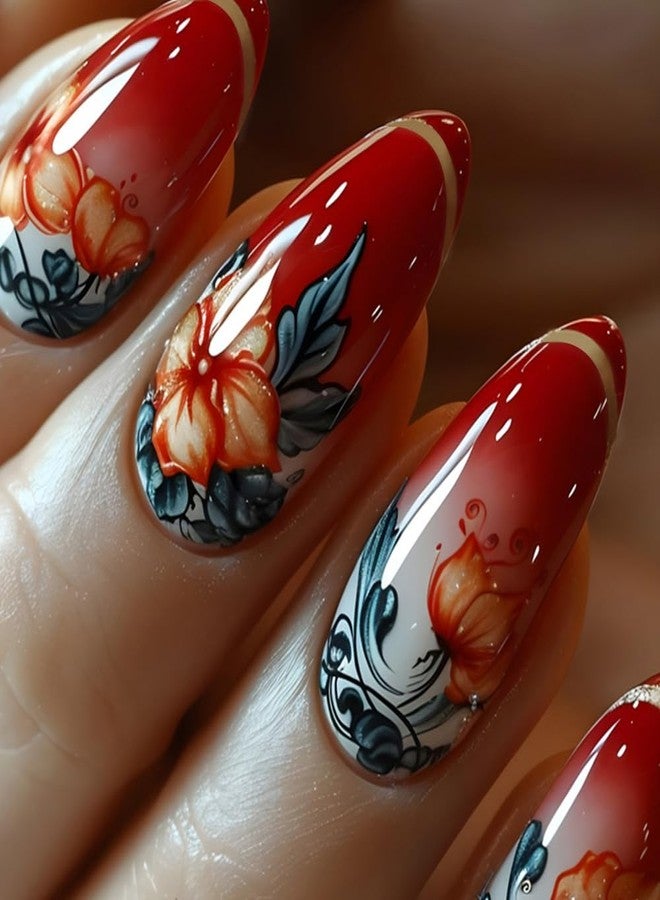 UCCASA Fall Red Press on Nails Almond Medium Fake Nails with Retro Flower Design False Nails Full Cover Stick on Nail Acrylic Glossy Autumn Artificial Nail for Women Thanksgiving Day Glue on Nails 24 Pcs - Image 1