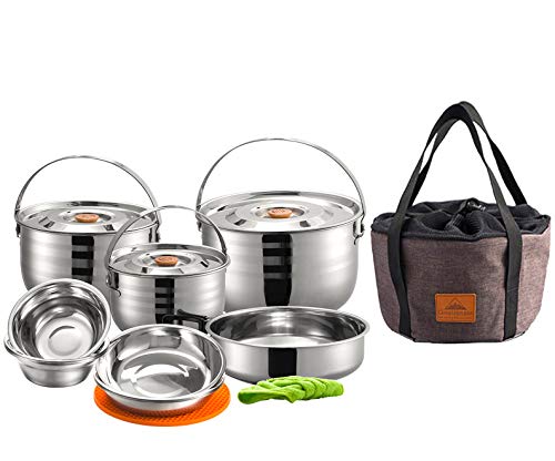 camping moon CAMPINGMOON 16PCS Camping Cookware Set Stainless Steel Outdoor Nesting Cooking Mess Kit Pots Pans Bowls with Storage Carrying Tote Bag MC240 - Image 1