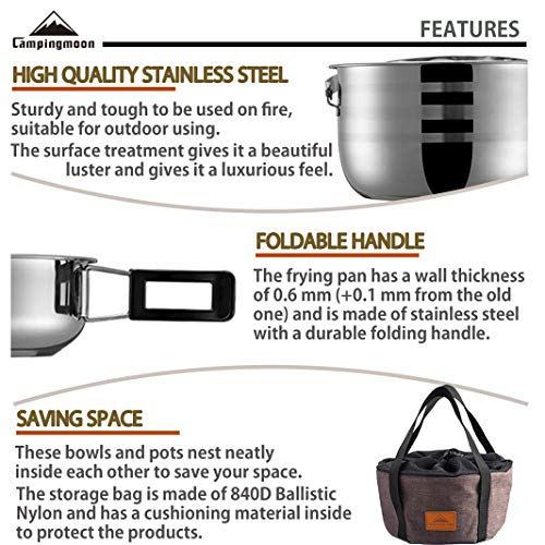 camping moon CAMPINGMOON 16PCS Camping Cookware Set Stainless Steel Outdoor Nesting Cooking Mess Kit Pots Pans Bowls with Storage Carrying Tote Bag MC240 - Image 3