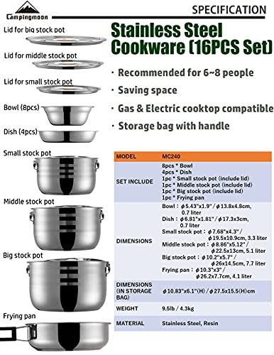 camping moon CAMPINGMOON 16PCS Camping Cookware Set Stainless Steel Outdoor Nesting Cooking Mess Kit Pots Pans Bowls with Storage Carrying Tote Bag MC240 - Image 2