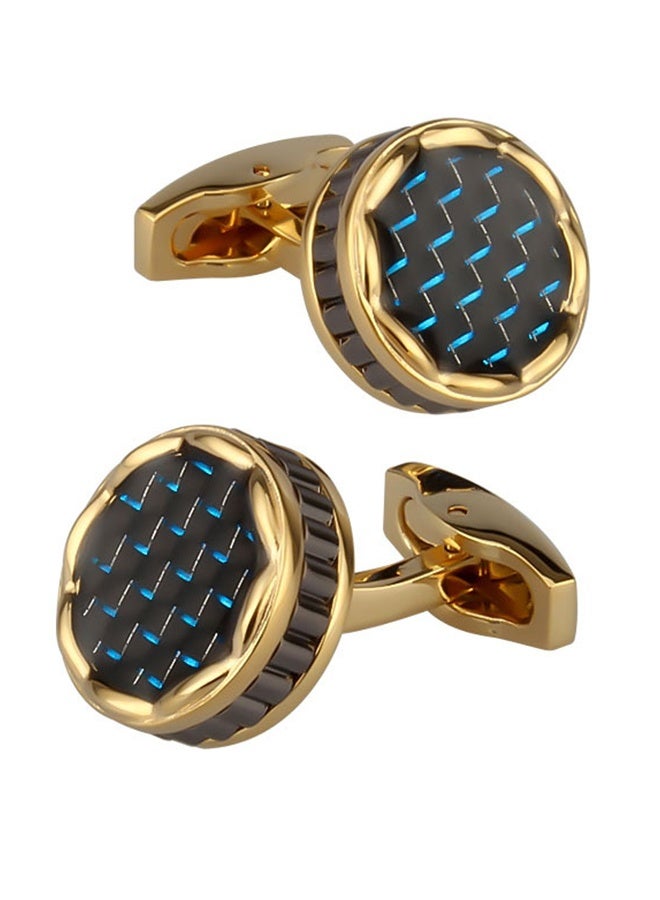 DAKS Gold Cufflinks with Blue Carbon Fiber Inlay – Elegant Stainless Steel Accessory for Weddings & Business - Image 1