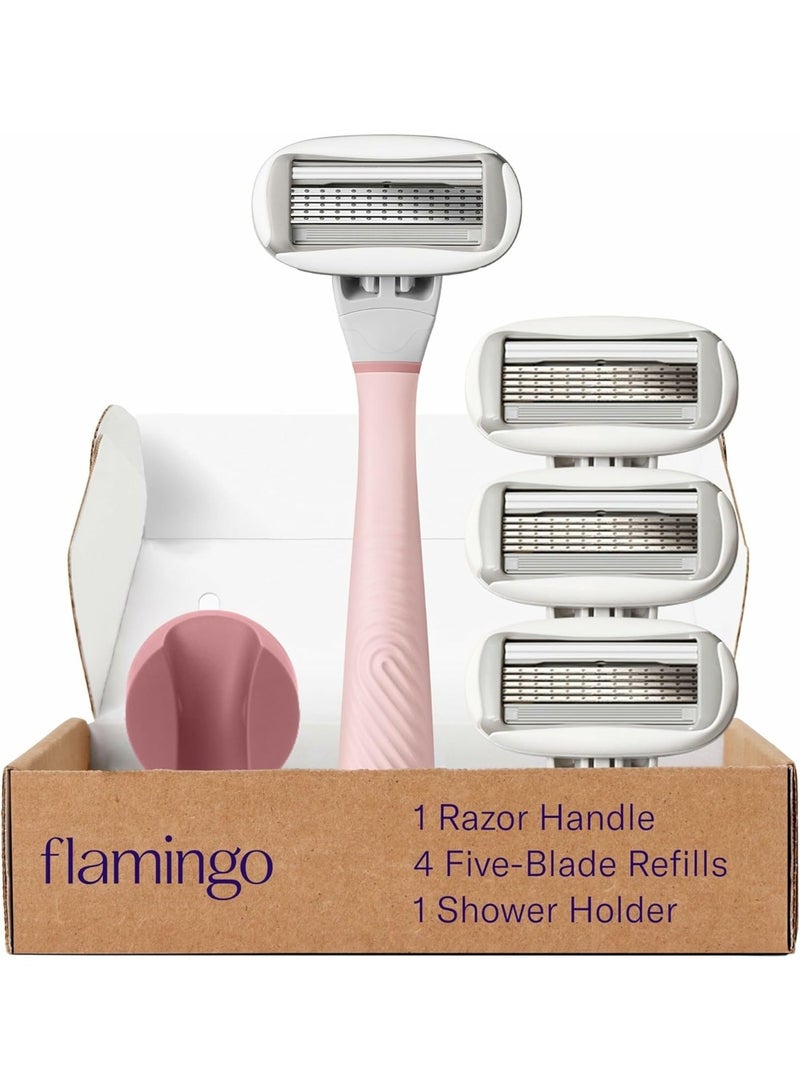 Flamingo مقبض شفرة حلاقة نسائي فلامينغو 1 (وردي)، 4 شفرات حلاقة بخمسة شفرات، وحامل دش واحد - Image 1