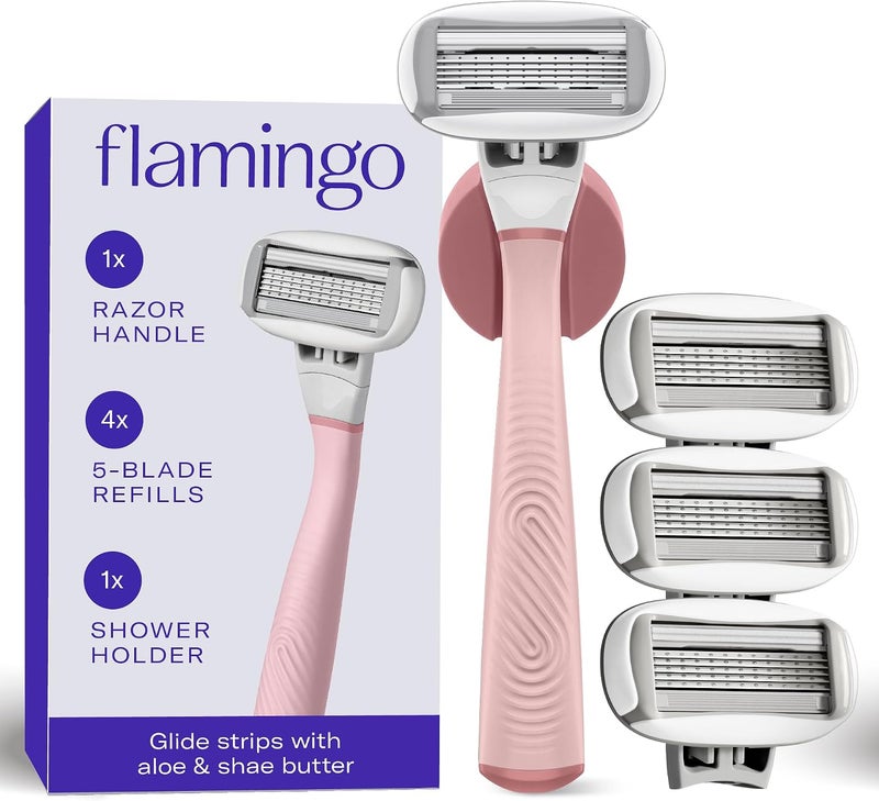 Flamingo مقبض شفرة حلاقة نسائي فلامينغو 1 (وردي)، 4 شفرات حلاقة بخمسة شفرات، وحامل دش واحد - Image 1