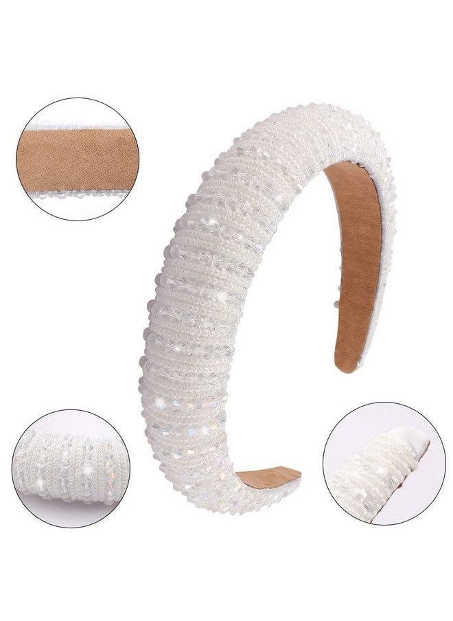 Wecoe - White Headband Beaded Headband Women Rhinestone Headband Fashion Fancy Bling Sparkle Crystal Diamond Padded Headband Cute Hair Bands Birthday Wedding Holiday Hair Accessories For Women Girls - Image 1