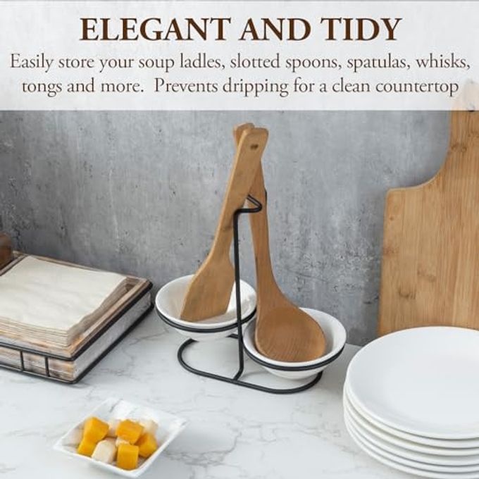 MyGift Countertop Ceramic Spoon Rest with Matte Black Metal Stand, Upright Ladle Holder Rack with 2 Bowl Dish - Image 3